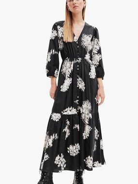 Desigual Black & White Floral V‑Neck Maxi Dress Medium